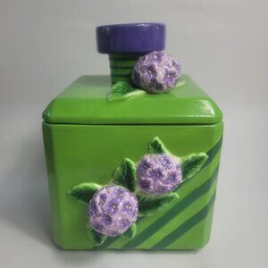 Vintage Unbranded Cookie Jar Green with Embossed Purple Flowers